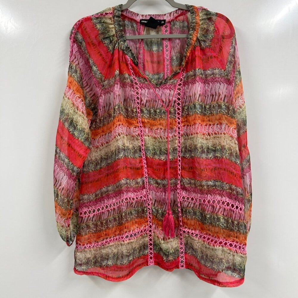 Sheer-like‎  Boho Tunic Top Tassel Tie Multicolor Festival Resort Blouse